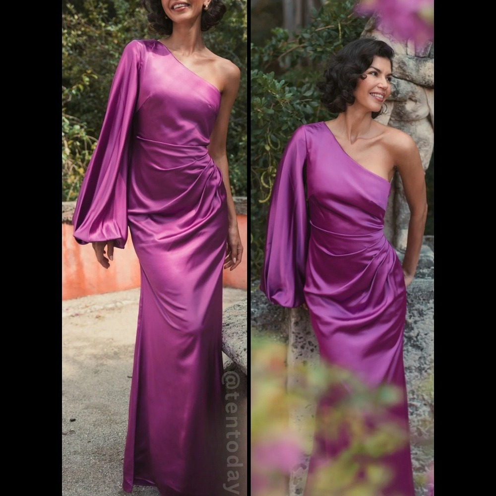 Mac Duggal Size 0 Orchid Pink Satin One Shoulder Long Sleeve Maxi Gown Dress